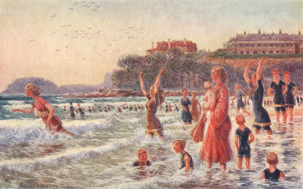 'Surf-bathing - girls' life-saving team' by Percy Spence. Australia beach 1910